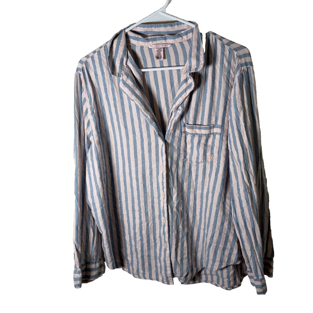 Victoria's Secret Shirt Women's Medium Blue Striped Metallic Pajama Top